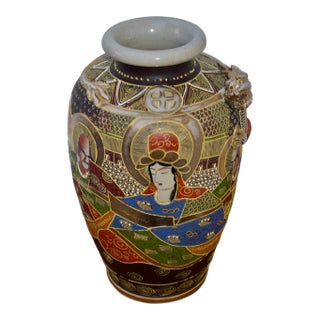Vintage Japanese Satsuma Moriage Vase Kannon Goddess & Rakan Dragon For Sale