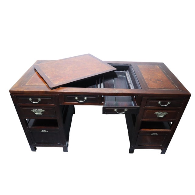 Chinese Unique Antique Ming Style Chinese Dark Elm Desk With Brass Hardware Burl Wood & Foot Rest For Sale - Image 3 of 15