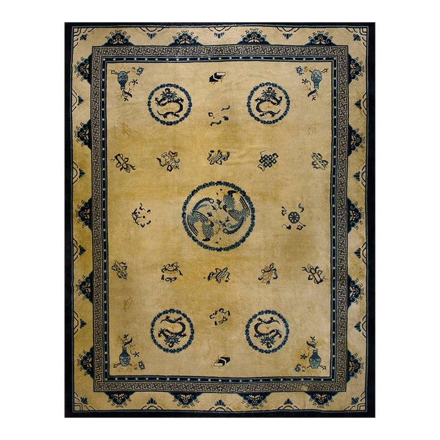 Extraordinary White Ivory Color With Chinoiserie and Animalia Design Antique Chinese Peking Rug For Sale