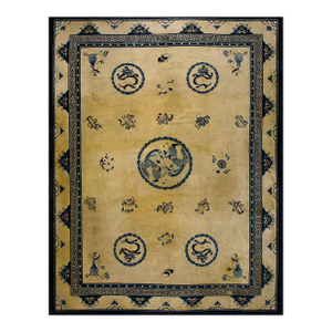 Extraordinary White Ivory Color With Chinoiserie and Animalia Design Antique Chinese Peking Rug