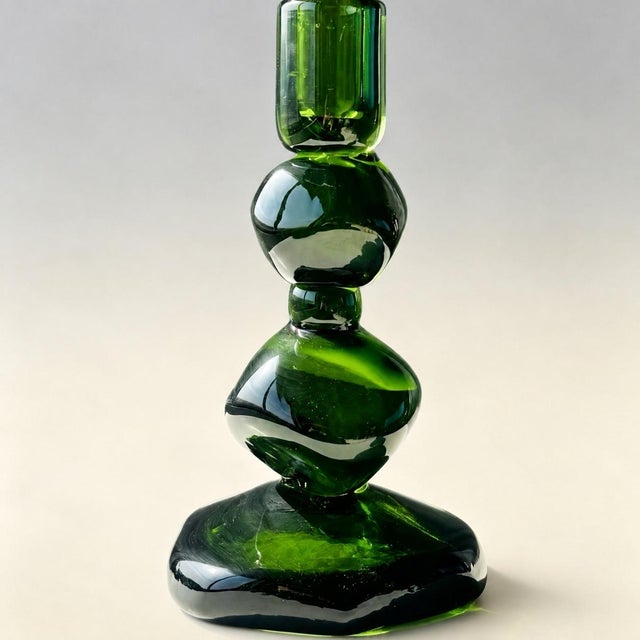 Hand Blown Emerald Green Stacked Glass Candlestick For Sale - Image 4 of 6