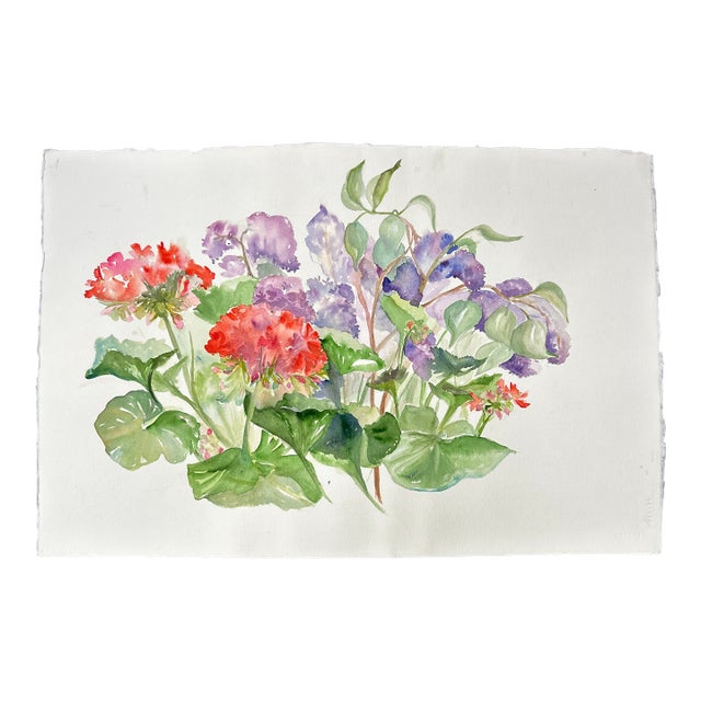 1980’s Original Impressionist Geraniums Watercolor Painting For Sale