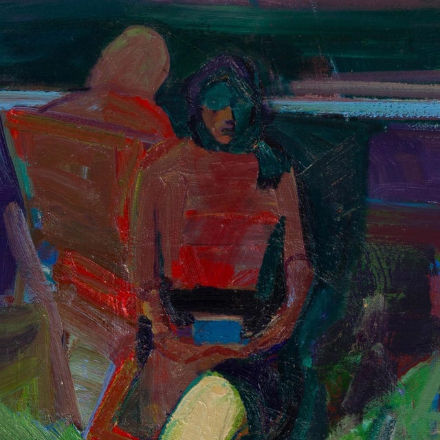 Contemporary Evening Lawn by Hiroshi Sato | Oil on Canvas Figure seated on a lawn with another figure in the background. For Sale - Image 3 of 5