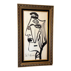 1970s Abstract Face Black and White Painting by Peter Keil, Framed