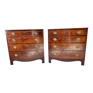 Pair of Antique Federal Style Flame Mahogany Bow Front Chests of Drawers Dressers. For Sale