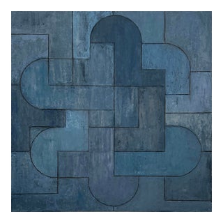 Contemporary Geometric Abstract Oil and Cold Wax Painting Monochromatic Blue by Stephen Cimini For Sale