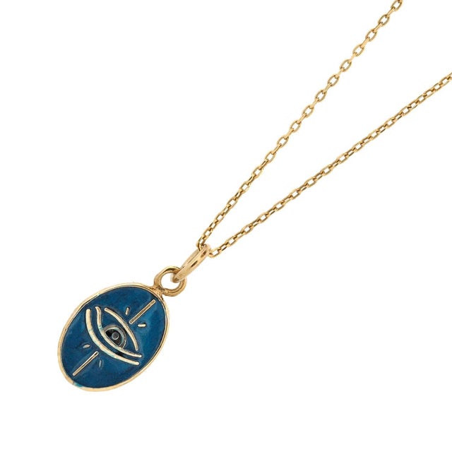 Blue Enamel Evil Eye Minimalist Gold Protective Necklace For Sale In Miami - Image 6 of 8