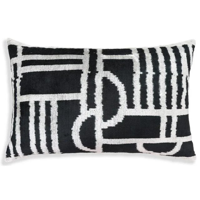 "Size: 16x24 inch lumbar pillow – sleek rectangular profile for layering Handmade silk velvet with bold black-and-white...