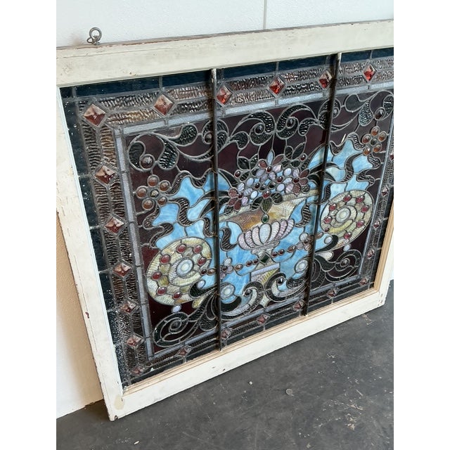 Wood Vintage Framed Stained Glass Window For Sale - Image 7 of 12