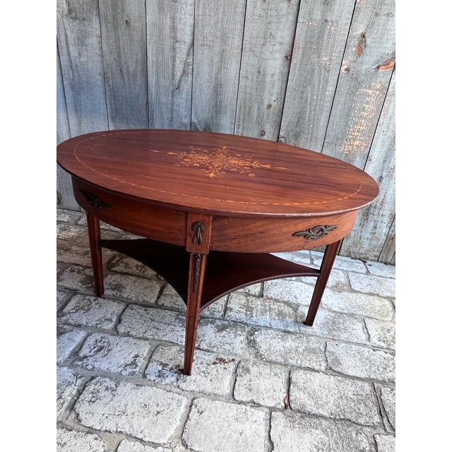 Antique Sheraton/Hepplewhite-Style Oval Inlaid Marquetry Mahogany Coffee Table For Sale - Image 4 of 13