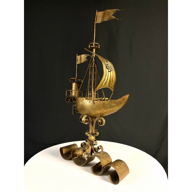Hollywood Regency Monumental Brutalist Gilt Metal Ship Sculpture – Mid-Century Maritime Art For Sale - Image 3 of 8