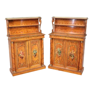 Pair of Exceptional Adams Paint Decorated Satinwood English Side Cabinets