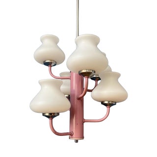 Mid-Century White Opaline Glass Chandelier with Pink Frame For Sale