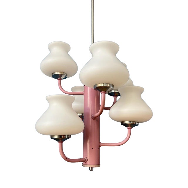 Mid-Century White Opaline Glass Chandelier with Pink Frame For Sale