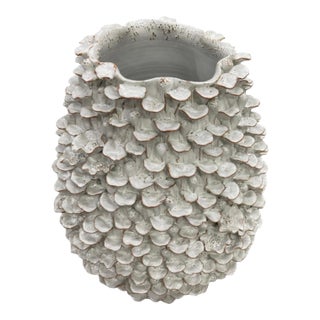 Vintage Italian Hand-Crafted White Ceramic Petal Texture Statement Vase For Sale