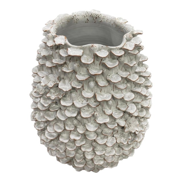 Vintage Italian Hand-Crafted White Ceramic Petal Texture Statement Vase For Sale