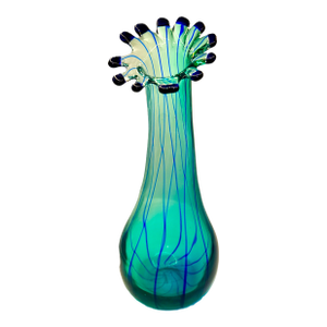 Late 20th Century Hand‑Blown Aqua & Cobalt Art Glass Ruffled Rim Vase