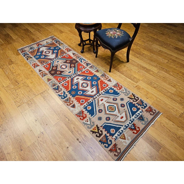 Mid 20th Century Vintage Turkish Tribal Kilim Runner, Handwoven Wool, Geometric Caucasian Pattern, Blue & Red, 3x8 For Sale - Image 5 of 17