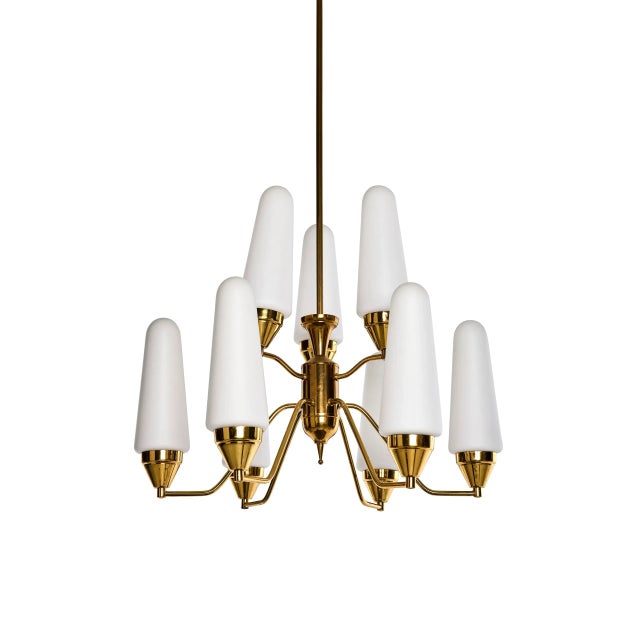 Mid-Century Scandinavian Modern Chandelier in Brass and Opaline Glass For Sale - Image 5 of 5