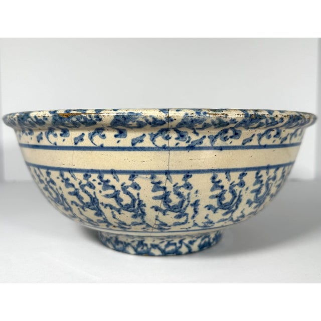 Art Nouveau Antique Spongeware Mixing Bowl: Blue Banded Stoneware, 19th Century Americana For Sale - Image 3 of 10