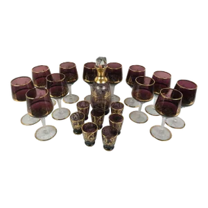 1970s Amethyst Purple / Gold Gilt Drinkware Set With Decanter, Wine Glasses, Shot Glasses Set- 20 Pieces