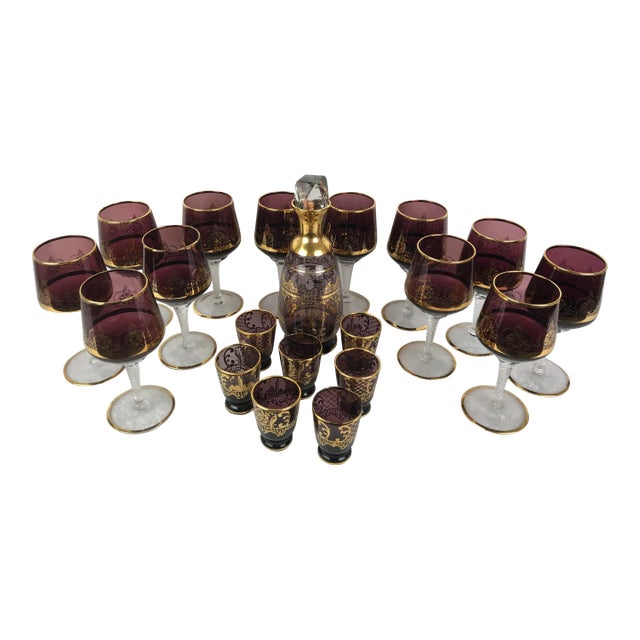Vintage Italian Murano Venetian Amethyst & 22k Gold Barware Set — 20 Pieces For Sale