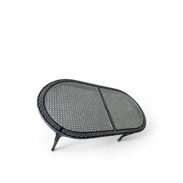 Vintage Chinoiserie Dark Jade Lacquer Faux Bamboo Dining Table With Glass & Woven Panel Top For Sale In Miami - Image 6 of 13
