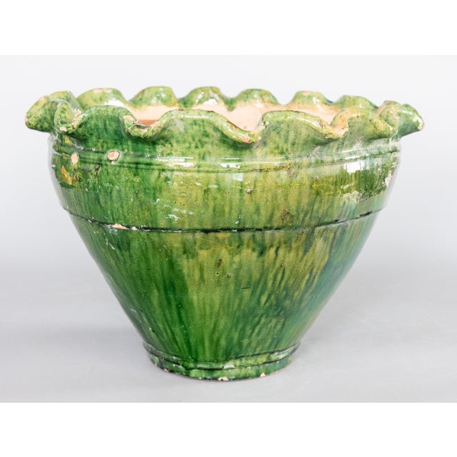 Large Vintage French Green Glazed Terracotta Scalloped Bowl Planter For Sale - Image 4 of 7