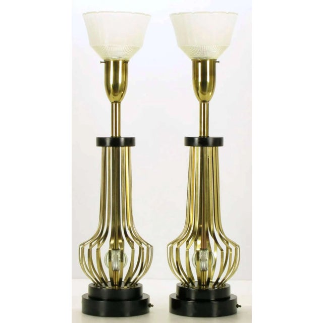 Mid-Century Modern Rembrandt Brass Open Rib Table Lamps With Crystal Ball Centres - a Pair For Sale - Image 3 of 8
