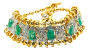 Bochic "Vintage Retro" Diamonds & Emeralds Bracelet Set In 18K Gold & Silver