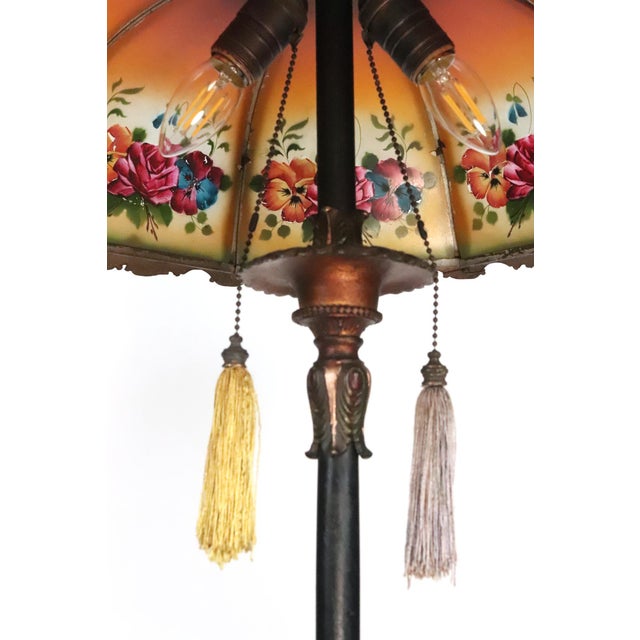 Metal Period Mid 20th CenturyRestored Art Nouveau Reverse Painted Shade Brass Floor Lamp For Sale - Image 7 of 15