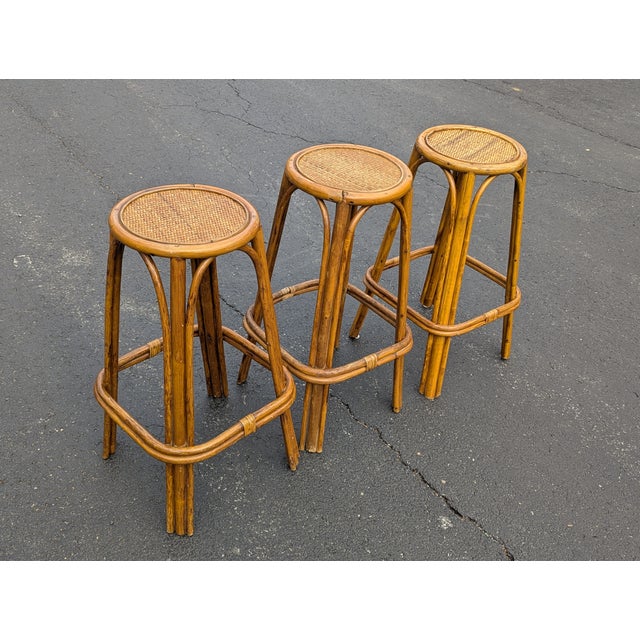 Vintage Bohemian Style Bamboo Stools With Rattan Weaving Seat, 3 Pieces For Sale - Image 4 of 8