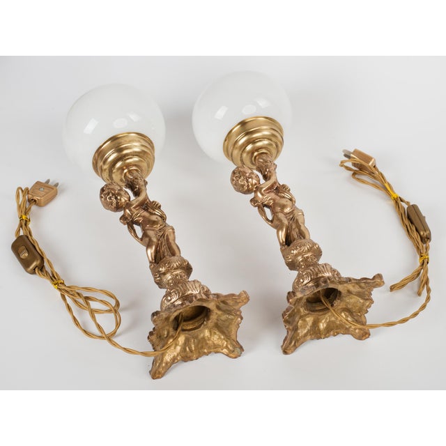 Brass 1950s Spanish Neo-Classical Cast Brass Cherubs / Putti Table Lamps With Opal Glass Shades - A Pair For Sale - Image 8 of 12