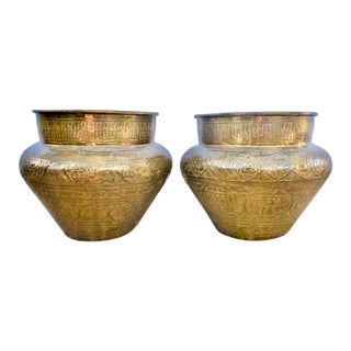 Vintage Syrian Brass Hand-Etched Cachepots - a Pair For Sale