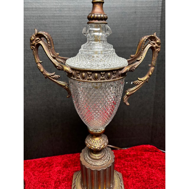 Pair of French Neoclassical Cut Crystal & Patinated Bronze Urn Lamps With Ram/Goat Head Handles For Sale In Jacksonville, FL - Image 6 of 12