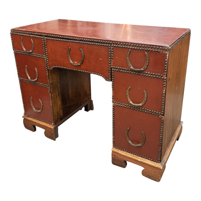 Mid-Century Western Campaign Leather-Clad Horseshoe Desk For Sale