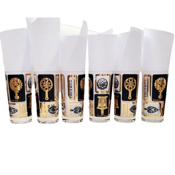 Mid-Century Black & Gold Cocktail Tumblers With Trivets- Set of 6 For Sale - Image 4 of 12