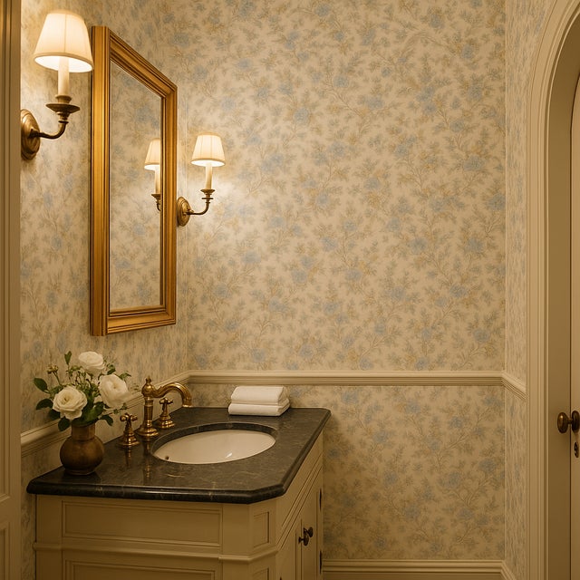 Vintage 1980s Blue and Beige Floral Motif Wallpaper For Sale - Image 6 of 6