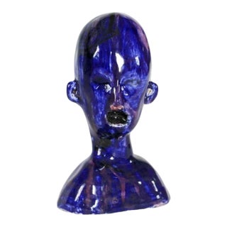 Early 20th Century Blue Glazed Studio Pottery Bust For Sale