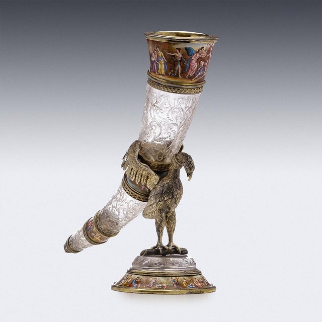 19th Century Austrian Silver Gilt, Enamel & Rock Crystal Drinking Horn, 1880s For Sale - Image 4 of 16