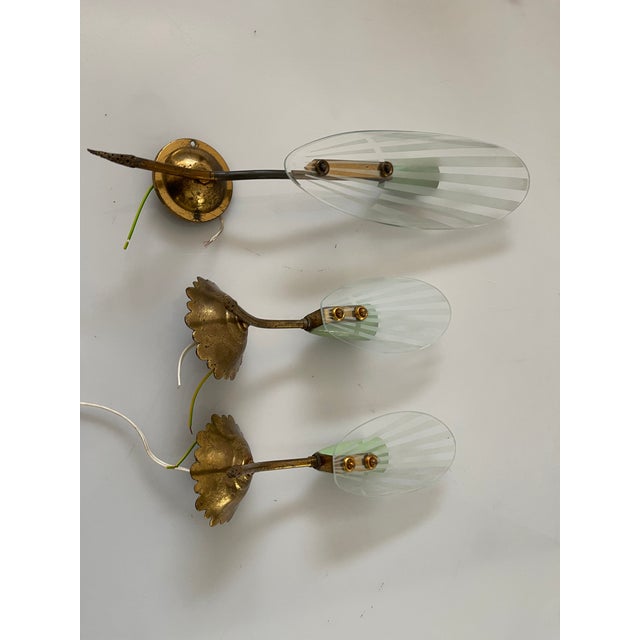 Italian Brass Glass Sconces, 1950s, Set of 3 For Sale - Image 13 of 18