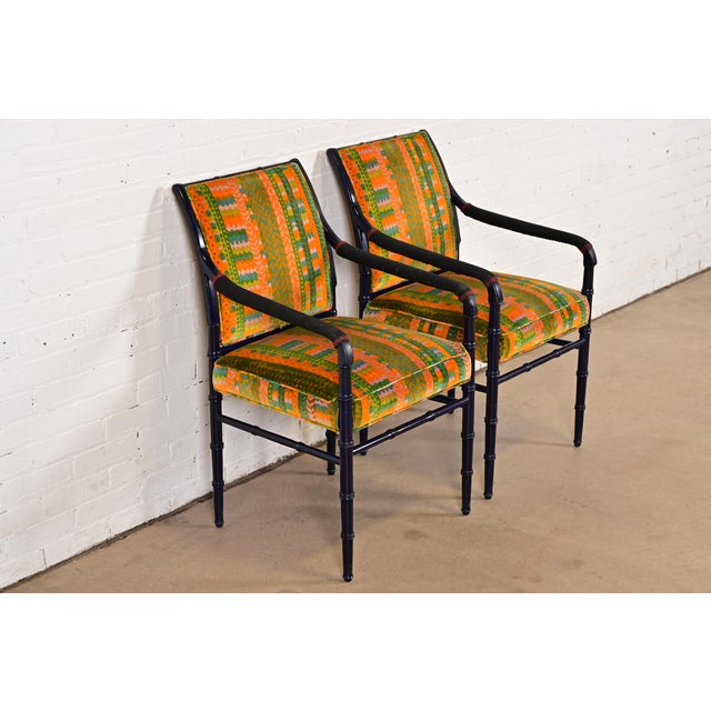 Mid-Century Hollywood Regency Ebonized Faux Bamboo Armchairs With Jack Lenor Larsen Upholstery, Pair For Sale - Image 11 of 11