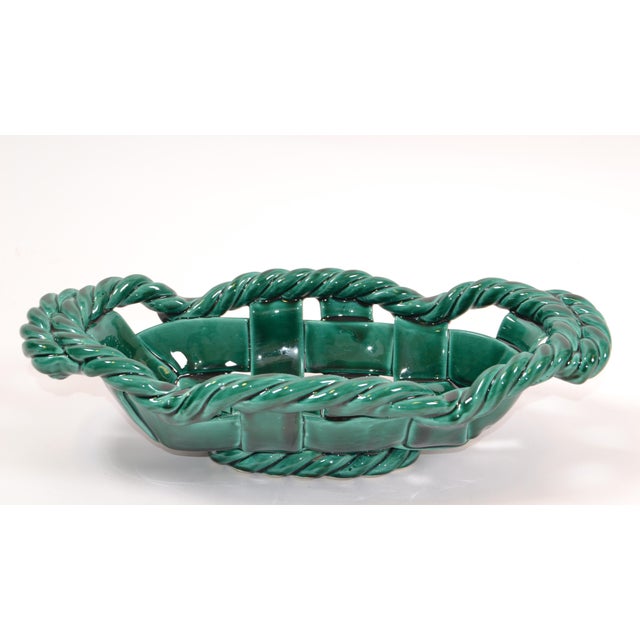 Vallauris France Glazed Woven Ceramic Basket Emerald Green Mid-Century Modern For Sale - Image 11 of 12