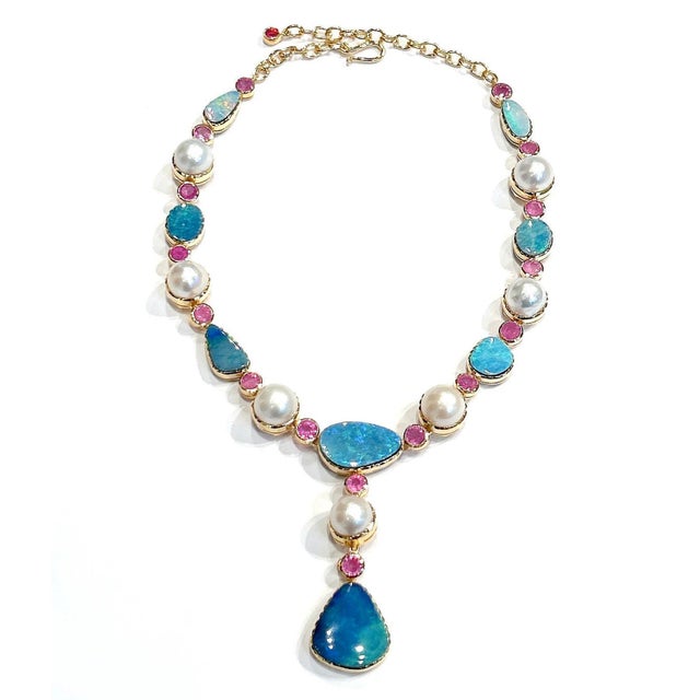Baroque Bochic "Capri" Opal, Natural Ruby & South Sea Pearl Necklace Set 18K & Silver For Sale - Image 3 of 9