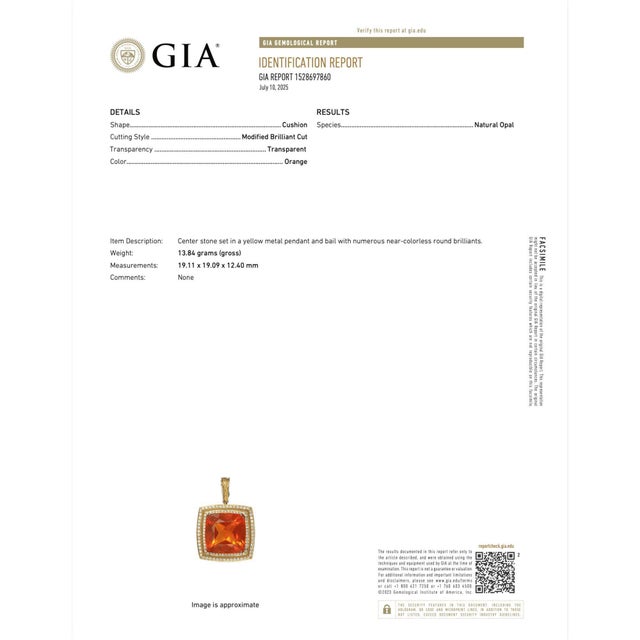 Gia Certified 20.61 Carat Orange Opal 18k Gold Diamond Pendant Necklace For Sale - Image 12 of 12