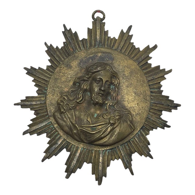 19th Century French Brass Religious Jesus Sunburst Icon For Sale
