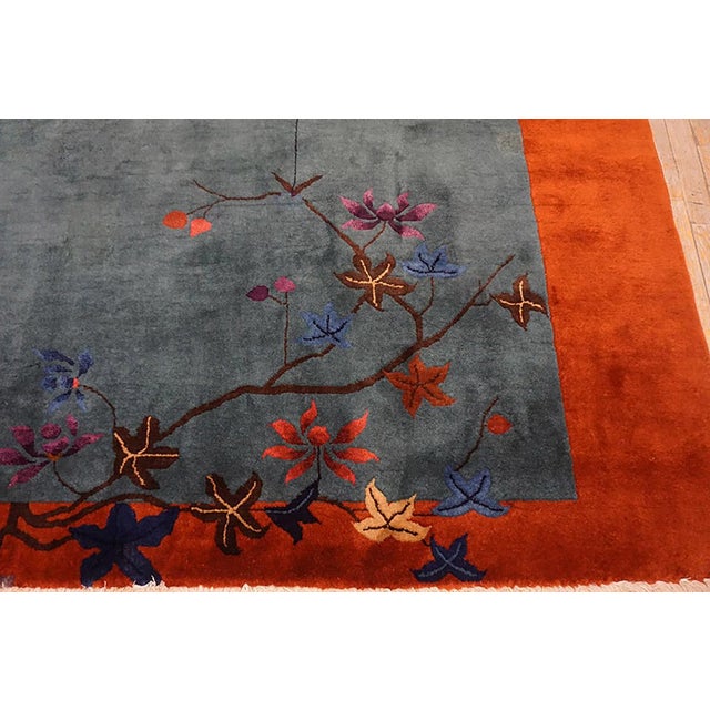 Exceptional Army Green Color Ground With Bits of Chinese Ornament Floral Design Antique Chinese Art Deco Rug For Sale - Image 11 of 15