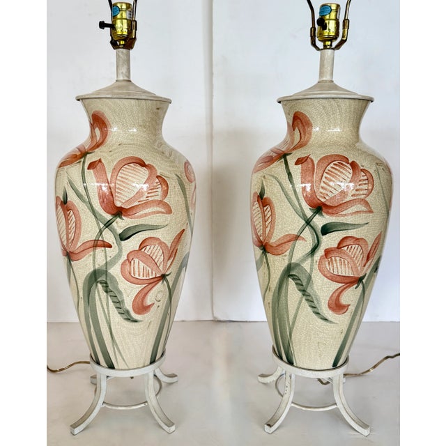 Mediterranean Pair of Ceramic Table Lamps With Hand Painted Flowers & Crackle Finish on Metal Stands. For Sale - Image 3 of 9