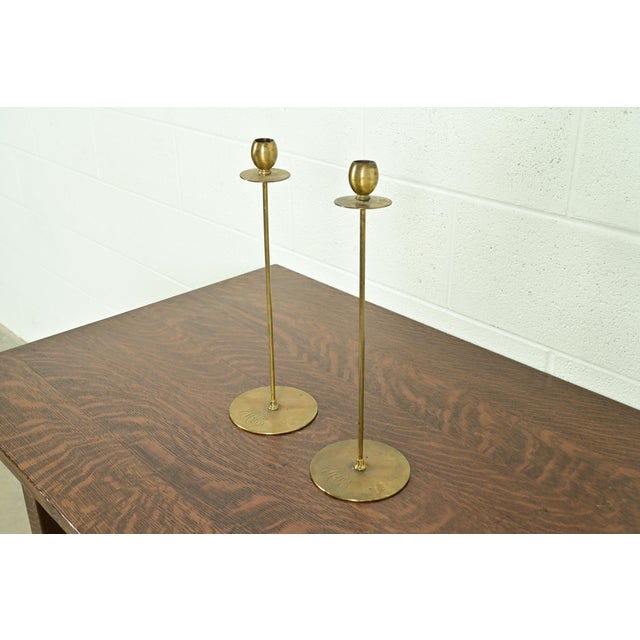 Robert Jarvie Style Antique Arts & Crafts Turned Brass Tall Candlesticks, Pair For Sale - Image 11 of 11