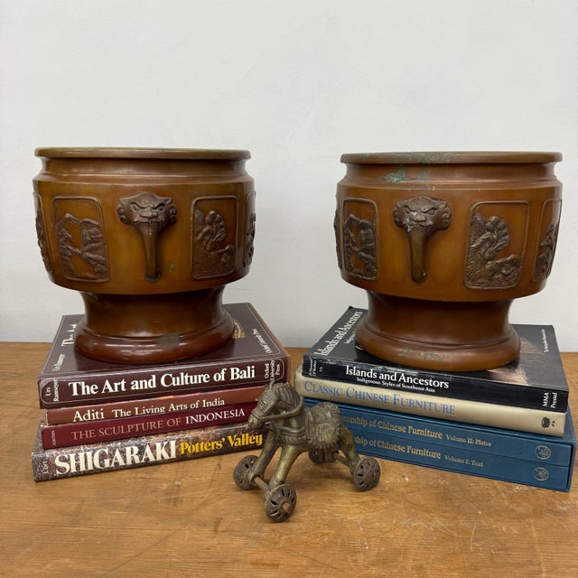 Rustic Bronze Japanese Hibachi Vessels with Side Lion Handles - A Pair For Sale - Image 3 of 14